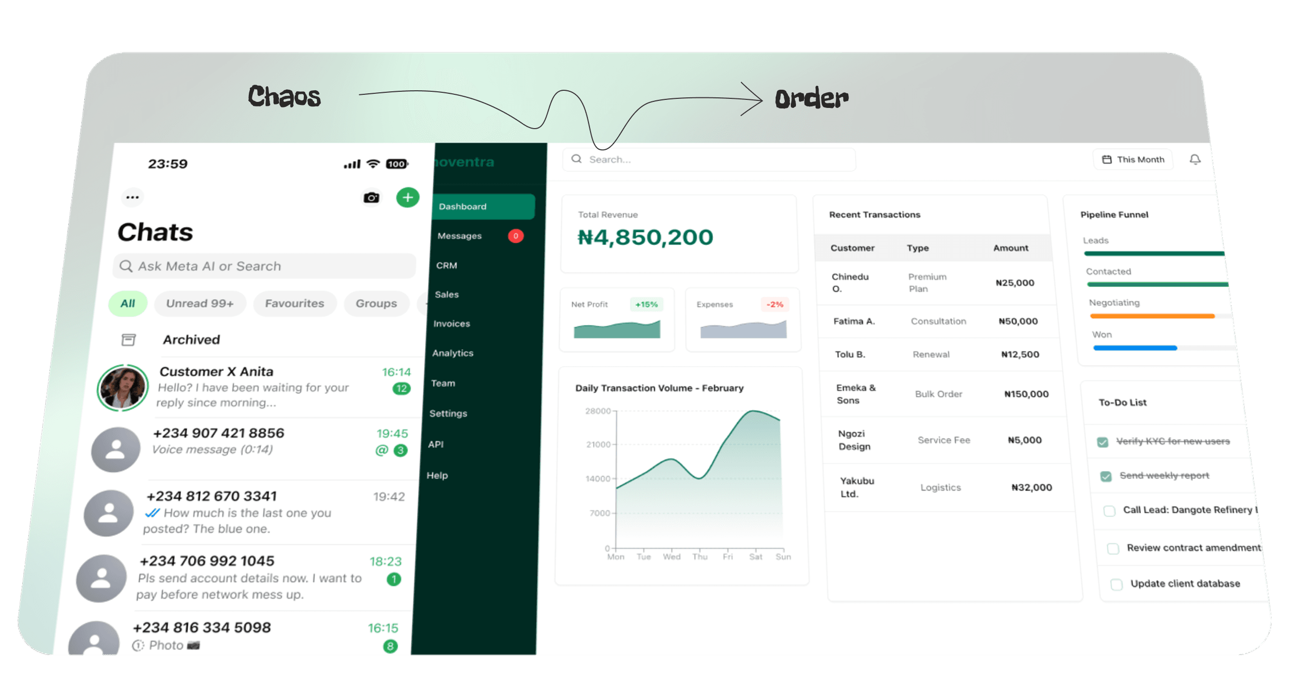 Innoventra dashboard and WhatsApp chat interface